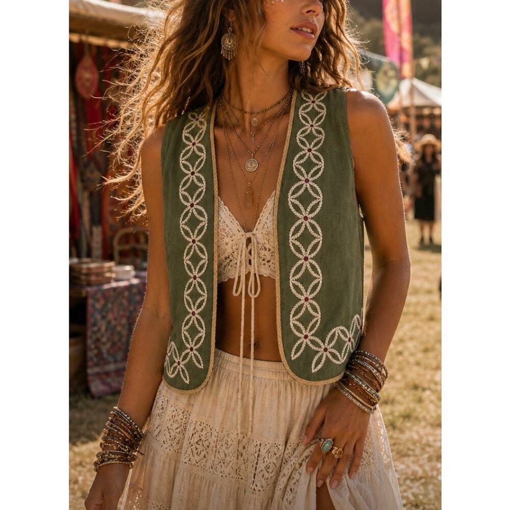 Vintage Lizsport Embroidered Linen Vest Boho Cottagecore renaissance festival S